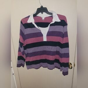 CJ Banks Vintage Ribbed Long Sleeve Polo Pink And Purple Plus Size 3x